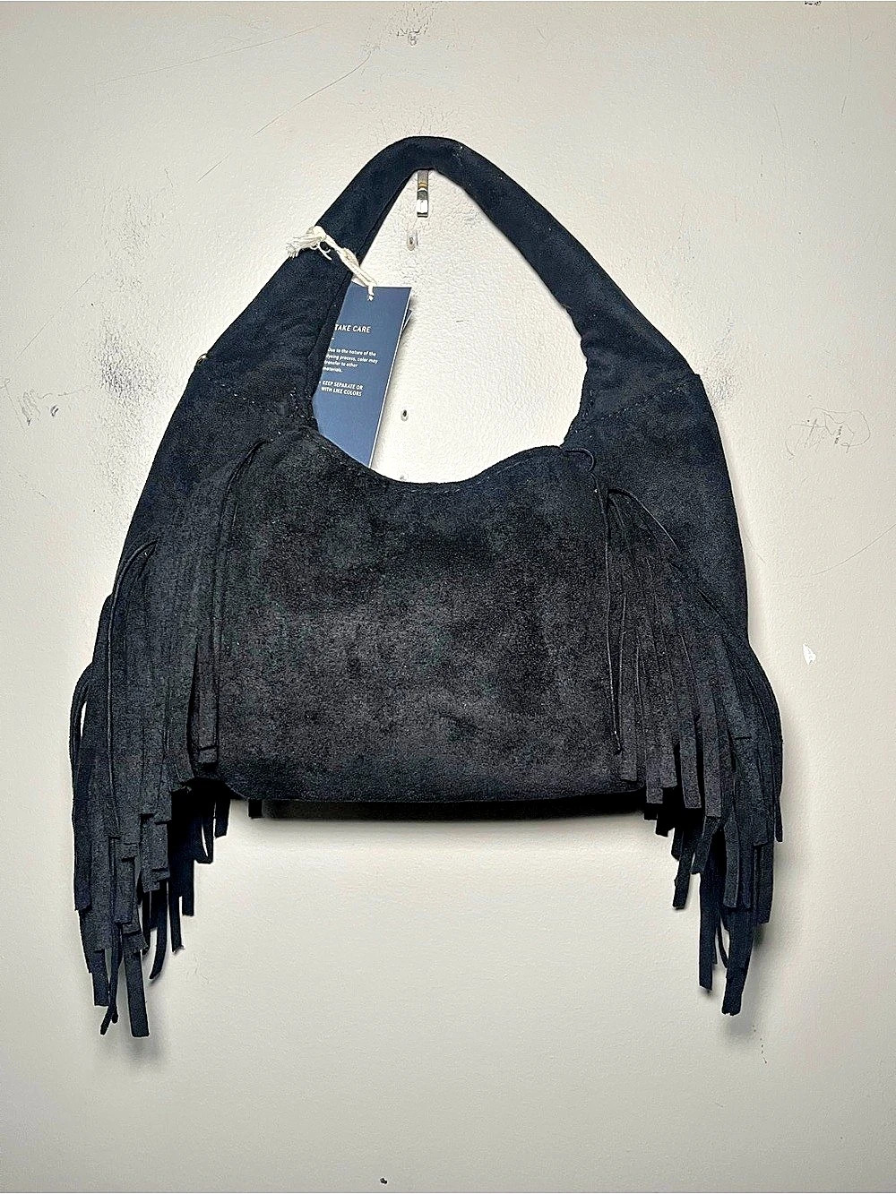 Universal Thread Soft Fringe Crescent Handbag Black Faux Suede Western Hobo NWT